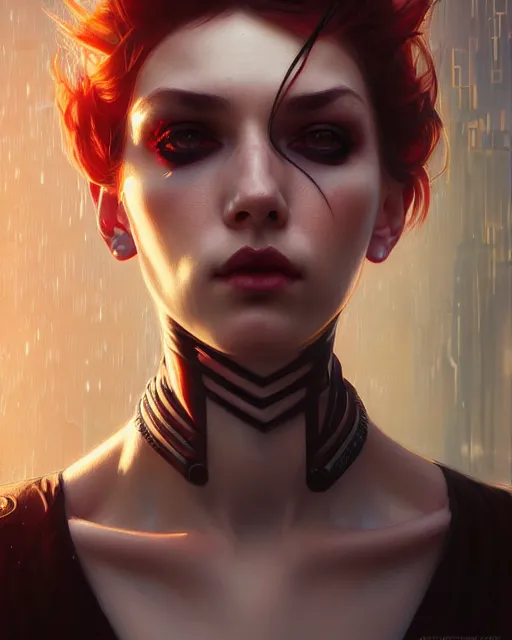 Image similar to beautiful female punk, portrait, cyberpunk, symmetry, ultra detailed, elegant, intricate, dynamic lighting, hyperrealism, digital art, digital painting, artstation, wlop, sharp focus, illustration, art by artgerm and greg rutkowski and alphonse mucha, 8 k