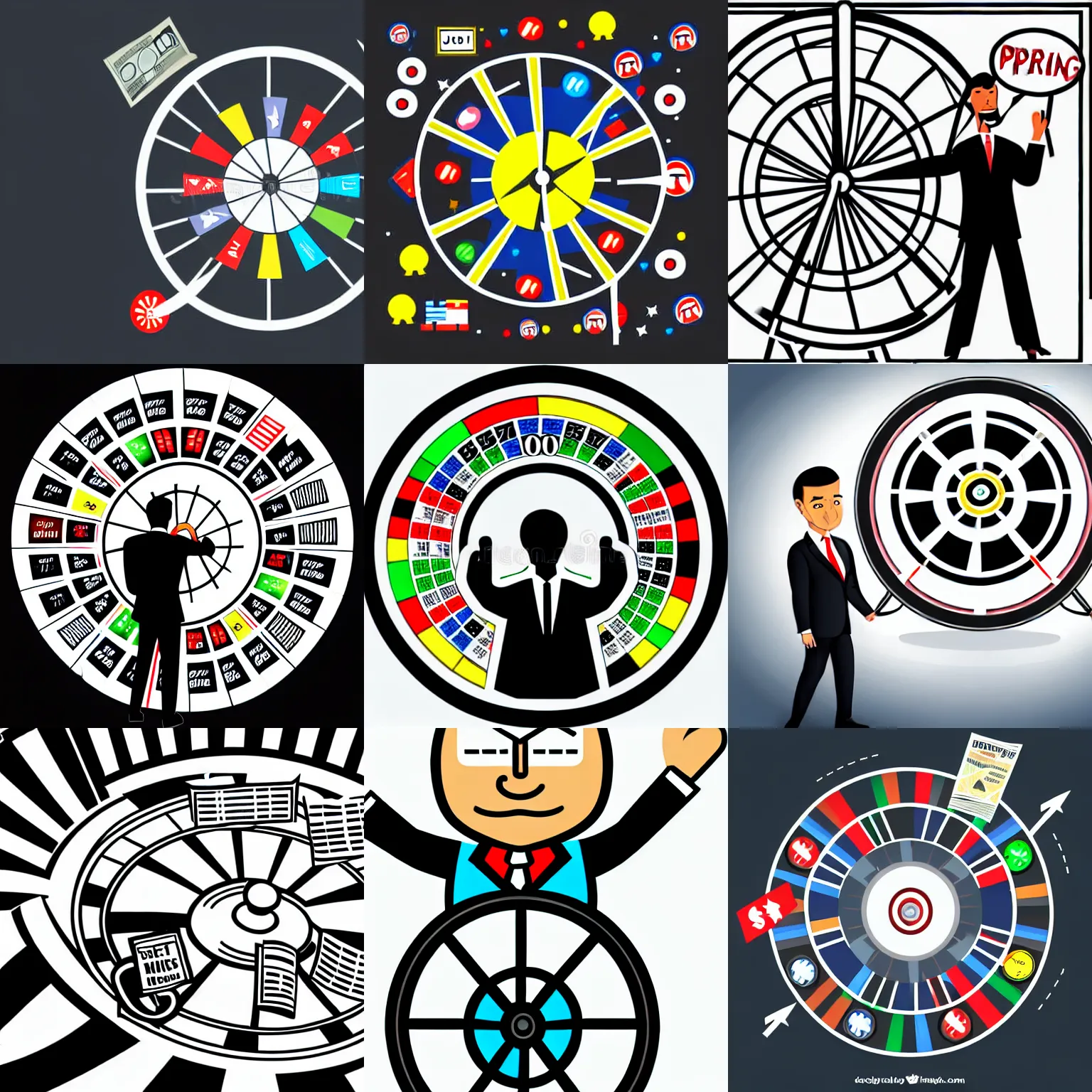 Prompt: man wearing suit spinning price wheel, money, cartoon,newspaper illustration , caricature, b&w, jet fighter background