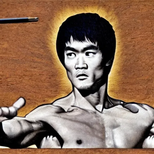 Prompt: photo realism, super detailed, portrait of Bruce Lee as god of warrior, medieval rusty armoury
