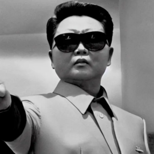 Image similar to Kim Jong-il in the role of James Bond, action filmstill, 1960s spy, Walther PPK