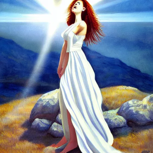 Image similar to a painting of a woman in a white dress pondering life as she watches the sun set, a painting by ansel adams, deviantart, fantasy art, sunrays shine upon it, deviantart, mystical