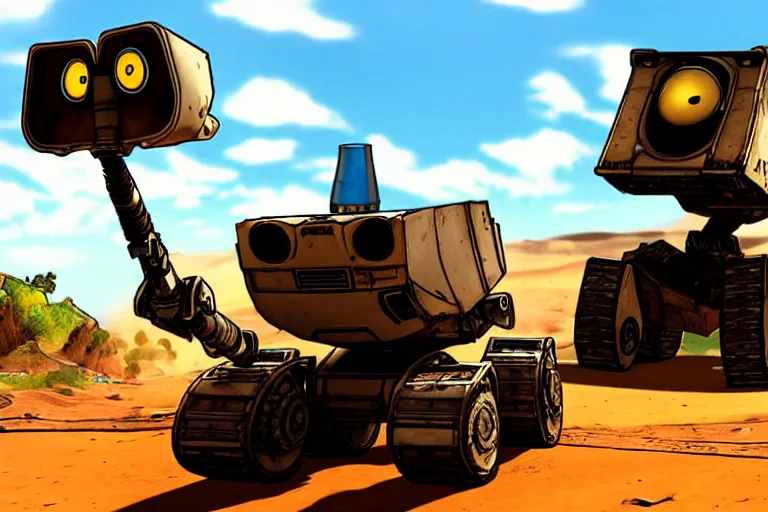 Image similar to wall - e in borderlands style game, heavy detailed, ultra high definition quality, borderlands game engine graphics