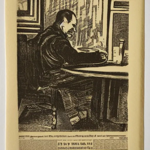 Prompt: linotype print of a tired man sitting hunched over in a restaurant. Bill is on the table and food is uneaten.