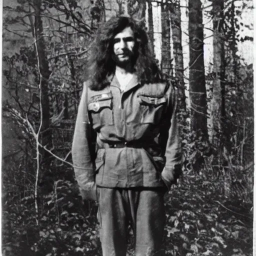 Prompt: Picture of Long-haired male wearing military jacket surrounded by forest, trees and stars