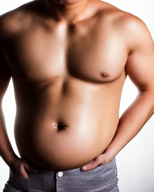 Image similar to Handsome young Asian male model with a large pregnant belly, highly detailed, chiseled jaw, medium length black hair, studio photography