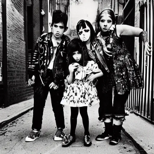 Prompt: night flash portrait photography of punk kids on the lower east side by diane arbus, colorful!!, nighttime!, raining!