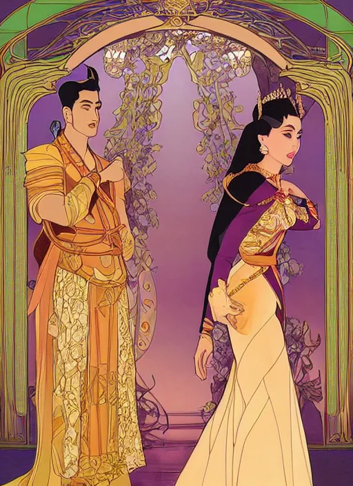 Image similar to well - lit art nouveau portrait of queen sirikrit and king bhumibol adulyadej of thailand, winatural lighting, path traced, real face, thai elegant traditional costume, highly detailed, high quality, cartoon, digital painting, by don bluth and ross tran and studio ghibli and alphonse mucha