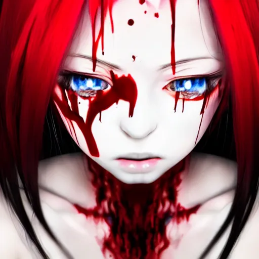 Image similar to anime girl with blood running down her face, heavy metal album cover, 3 d rendered, red eyes, white haired, horn on head, cute