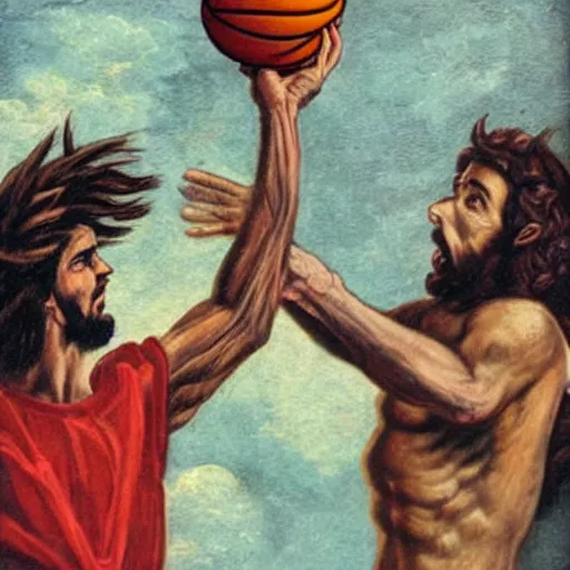 Image similar to Jesus Christ dunks a basketball over Satan