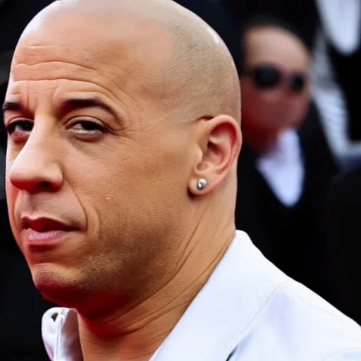 Prompt: Vin Diesel with a ridiculous mullet wig at Cannes festival, wearing a wig, mullet haircut, lots of hair on the head, long hair, mullet