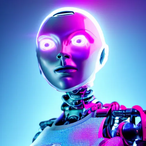 Image similar to a highly detailed, high definition, head to shoulder portrait of a female cybernetic humanoid friendly robot facing the camera, futuristic neon lit background, studio lighting