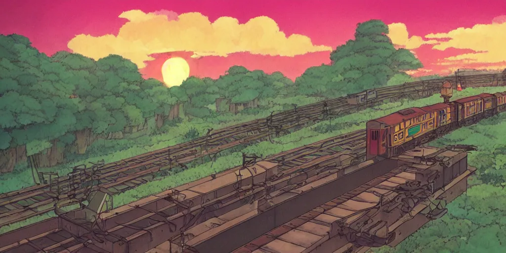 Image similar to a sunset railroad environment in the studio ghibli style, ghibli,