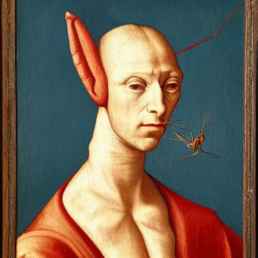 Prompt: a portrait of a praying mantis wearing wealthy French attire, painted in the style of Leonardo DaVinci, 8K, -n 4