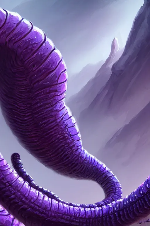 Prompt: giant purple worm is visible in the back, fantasy, intricate, elegant, highly detailed, digital painting, artstation, concept art, smooth, sharp focus, illustration, art by Jovan Delic