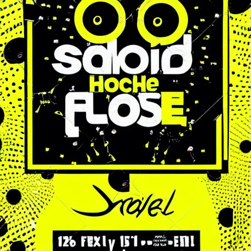 Image similar to acid house rave flyer, poster, smiley face, florescent yellow and black