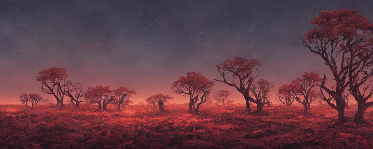 Image similar to ” barren landscape with dead trees at night, [ cosmic, cinematic, detailed, epic, widescreen, opening, establishing, mattepainting, photorealistic, realistic textures, octane render, art by slop and paul lehr ] ”