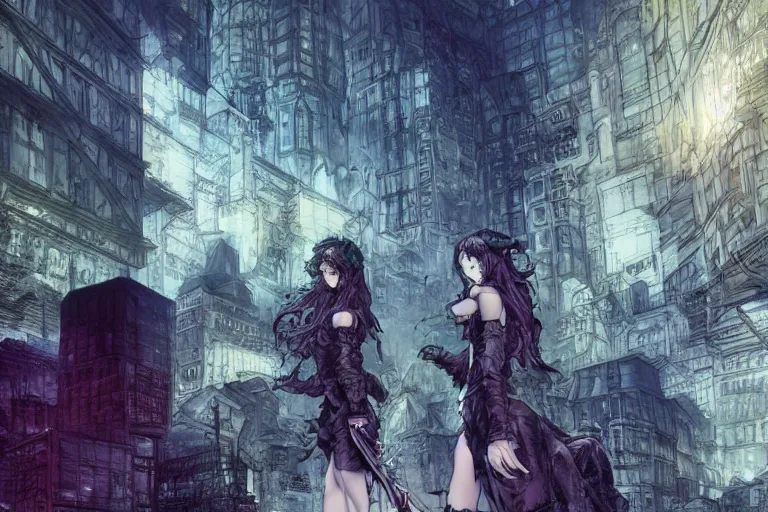 Image similar to goth woman in front of city, color page, tankoban, 4 k, tone mapping, akihiko yoshida, james jean andrei riabovitchev marc simonetti, yoshitaka amano, long hair, curly, h. hydrochaeri