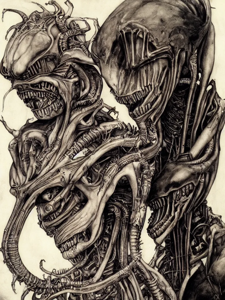 Image similar to a beautiful portrait of david bowie with a xenomorph alien queen by h.r. giger and by arthur rackham, detailed, proportional, trending on art station, 4k