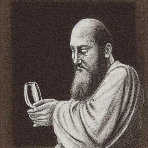 Prompt: pencil sketch of an Orthodox monk pondering a glass of wine