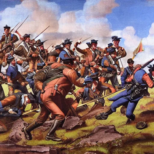 Prompt: Civil War battle of gettysburg but all the soldiers are oompa loompas, painting, painted by michelangelo, 8k