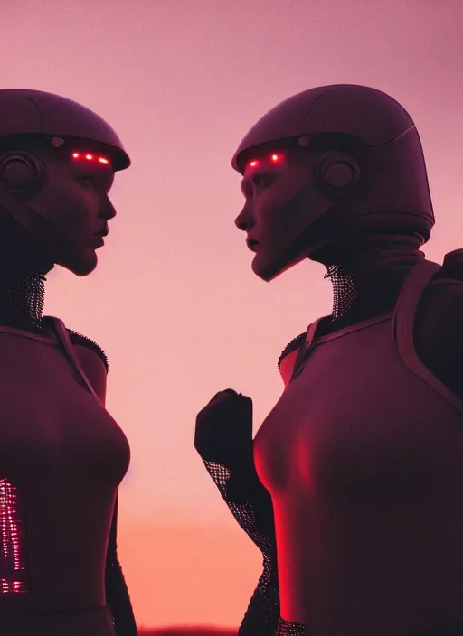 Image similar to cinestill 5 0 d photographic portrait of two loving female androids wearing rugged black mesh techwear on a desolate plain with a red sky, extreme closeup, cyberpunk style, garters, dust storm, 8 k, hd, high resolution, 3 5 mm, f / 3 2, ultra realistic faces, ex machina