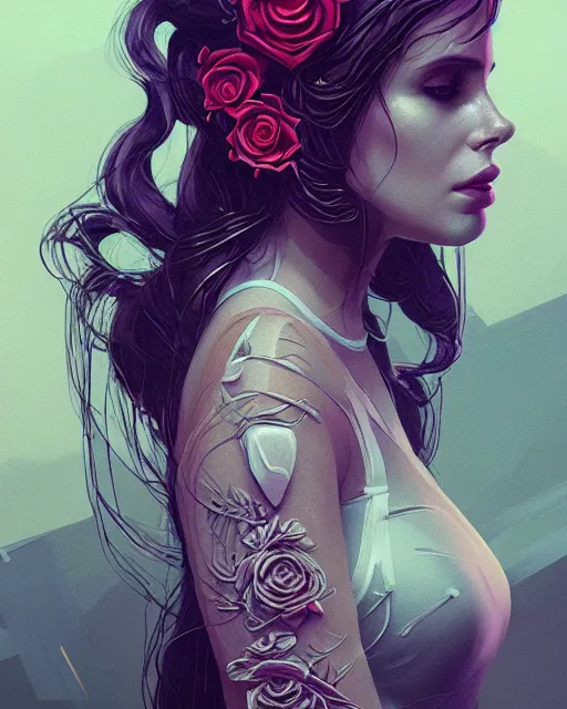 Image similar to portrait of lana del rey as a cyberpunk cyborg. roses, sci - fi, intricate abstract upper body intricate artwork, by tooth wu, wlop, beeple, dan mumford. concept art, octane render, deviantart, greg rutkowski, cinematic arthouse, key art, hyper realism, iridescent accents