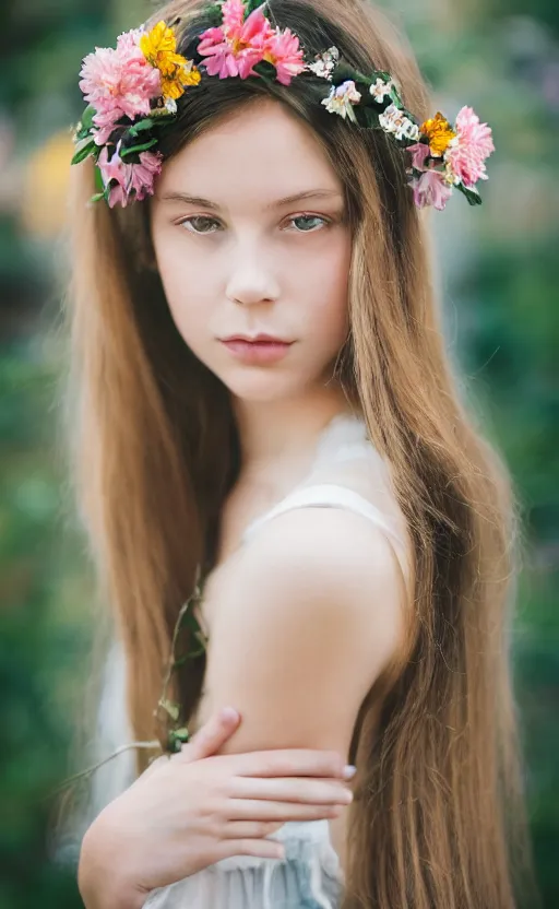 Image similar to portrait of a beautiful young girl with flowers in her hair, beautiful composition, modern color palette, 50mm f1.8, ambient light,