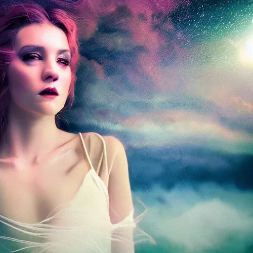 Image similar to masterpiece closeup portrait of a beautiful girl in a surreal dream landscape, cinematic lighting, Laurel D Austin style, 8k