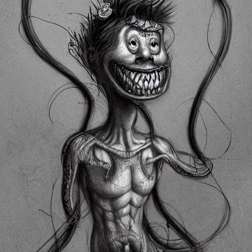 Prompt: surrealism grunge cartoon sketch of a human snake with a wide smile holding flowers by - michael karcz, loony toons style, horror theme, detailed, elegant, intricate