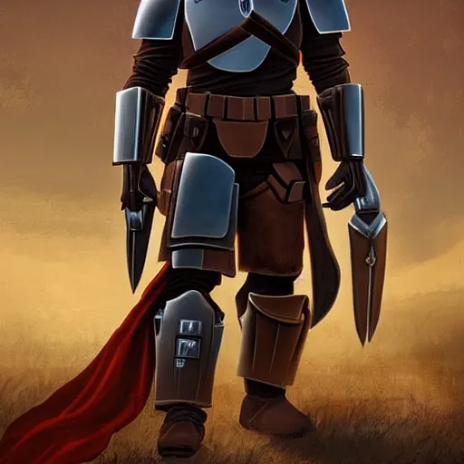 Image similar to a medieval fantasy mandalorian in the style of expert beautiful digital art by envar studio, detailed, epic, stunning composition