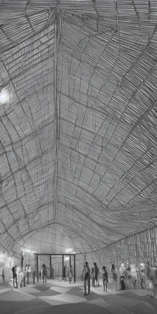 Prompt: inside small pavilion made of bamboo. complex curved vaulting structure. a large crowd at a party. charcoal drawing, 4 k, 8 k. volumetric lighting.