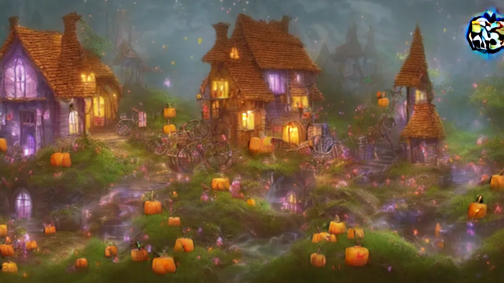 Prompt: village made out of candy!!!!!!, cinematic scene, studio lighting, colorful, fantasy, intricate, forest, fireflies, flowers, halloween, fairytale, ( visually stunning, matte painting, concept art, medium shot, trending on artstation )