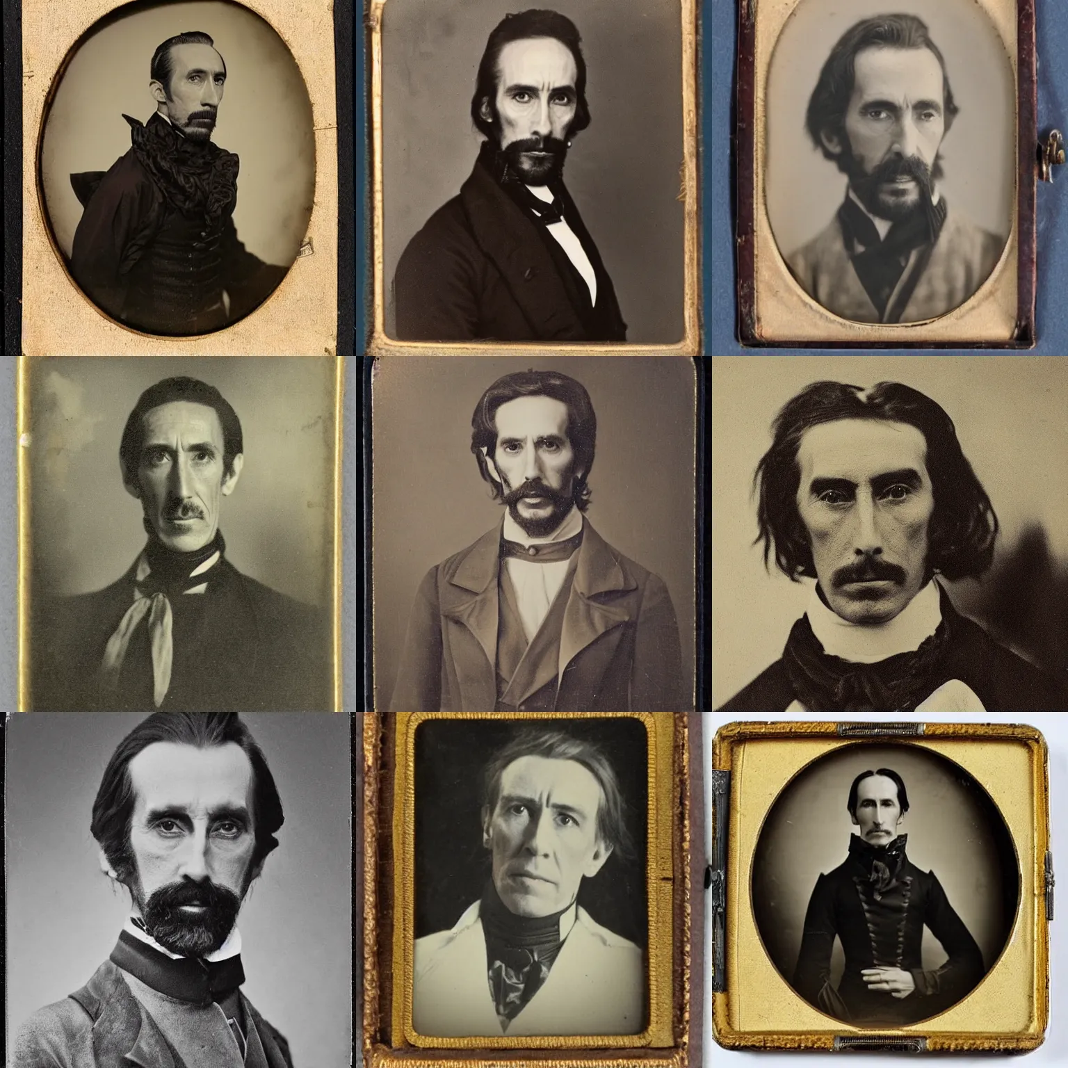 Prompt: portrait of a mid 1 9 th century, austro - hungarian, 3 5 years old, martial, awkward, stiff hunter ( christopher lee mixed with jonathan hyde - with brown hair and ( ( ( long, brown goatee!! ) ) ) ). daguerreotype by emil rabending