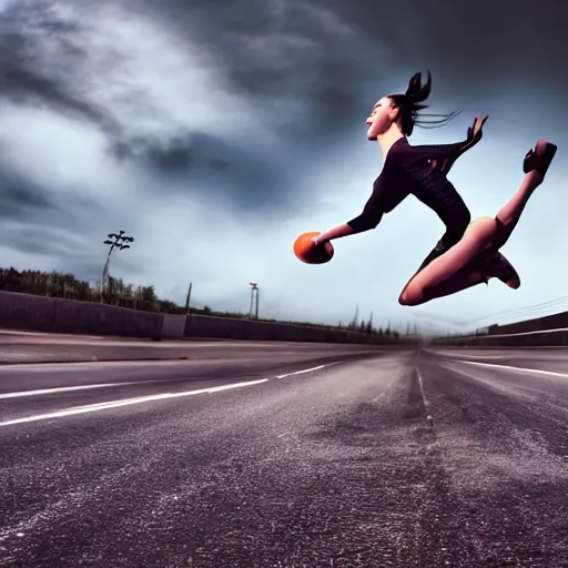 Prompt: car jump, jumping bodybuilder, woman is throwing, road, photo, digital art, hands, underbody car, car'stire, throw