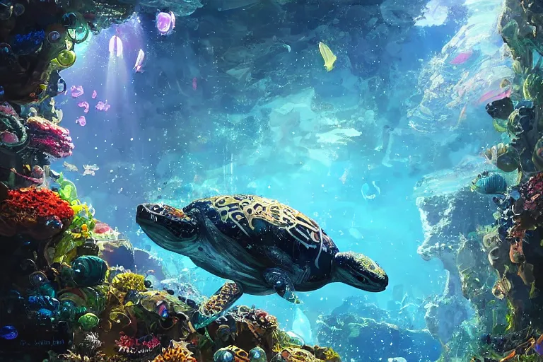 Prompt: beautiful painting of a huge caretta wearing a metallic armour floating in a natural cave aquarium, coral reef, water bubbles, intricate details, jewel fishes, two magnificent jelly fish, highly detailed, artstation, art by pascal campion, dynamic light, god rays of light, volumetric light, cinematic mood