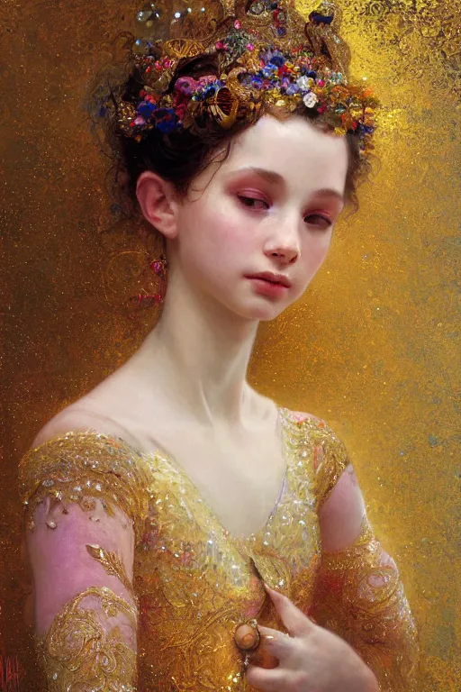 Image similar to an intricate painting of a beautiful young ballerina covered in silk clothes with klimt golden motives and textures, hyper detailed, ornamental gold headpiece, octane render, vivid colors, artstation, by jeremy mann, by alphonse mucha, by boris vallejo