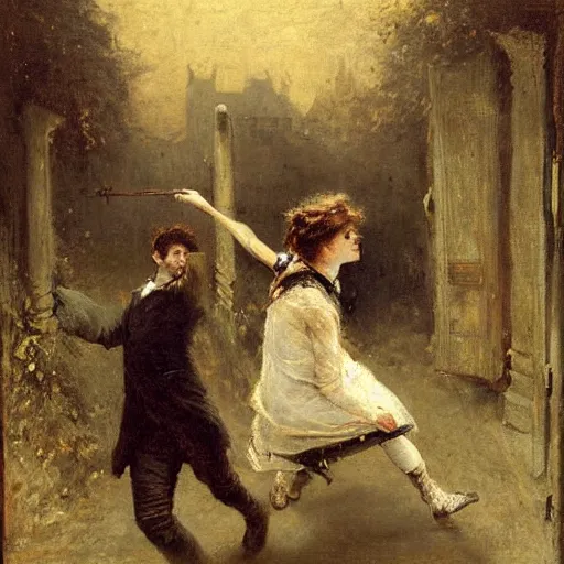 Image similar to young victorian man and woman escaping a dungeon, by alfred stevens