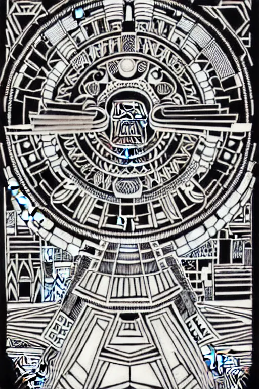 Image similar to a black and white drawing of an ancient future mayan temple mandala cityscape, a detailed mixed media collage by hiroki tsukuda and eduardo paolozzi and moebius, intricate linework, sketchbook psychedelic doodle comic drawing, geometric, street art, polycount, deconstructivism, matte drawing, academic art, constructivism