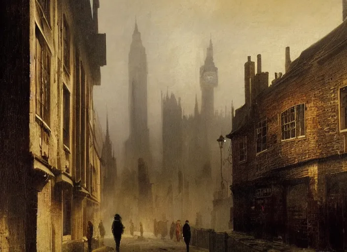 Prompt: 1 9 th century london, art by caspar david friedrich, thomas lawrence, john martin, dark, shady alleys, pub, pub sign, floor fog, coherent composition,