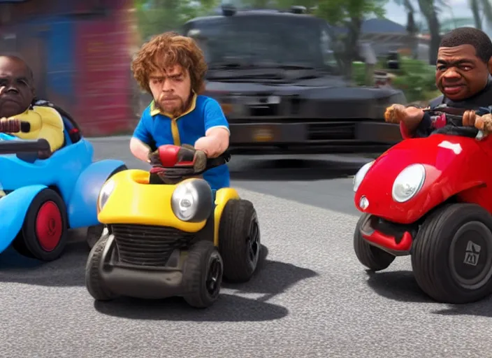 Image similar to peter dinklage racing gary coleman driving a little tikes cars, movie still, from the new fast and furious movie, 8 k, realistic