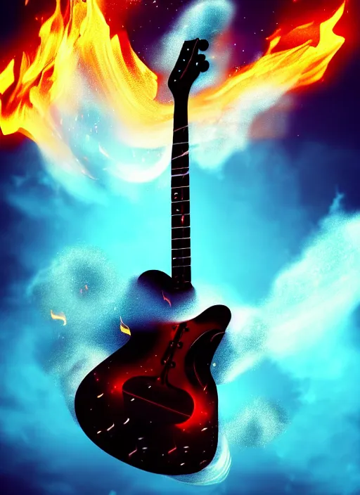 Prompt: guitar with fire magical dust as musical notes storm around, volumetric dust, cinematic lighting, photography artstation