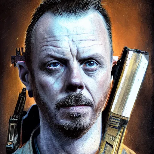 Image similar to simon pegg portrait, horror core, apocalyptic, winchester rifle, sharp focus, fiction, hyper detailed, digital art, trending in artstation, cinematic lighting, studio quality, smooth render, unreal engine 5 rendered, octane rendered, art style and nixeu and wlop and krenz cushart