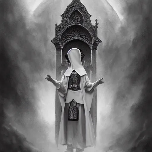 Prompt: By Tom Bagshaw, ultra realist soft painting of a gothic crypt by night, Gothic armored female nun and dressed, horror, omnious sky, symmetry accurate features, very intricate details, black and white, volumetric light clouds