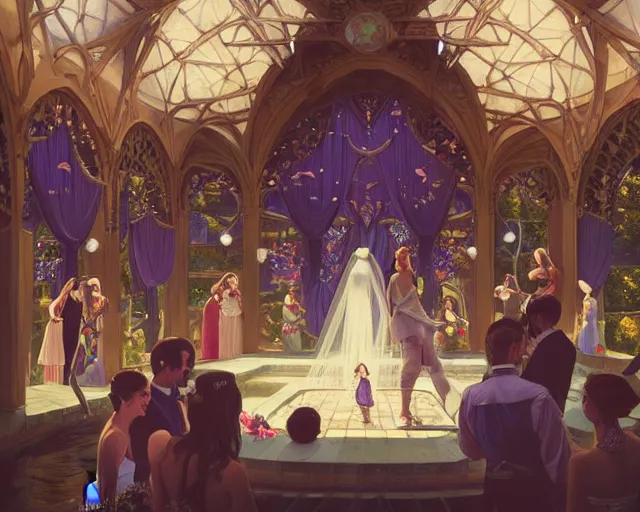 Image similar to a wedding in a swimming pool, photography of kurzgesagt, deep focus, d & d, fantasy, intricate, elegant, highly detailed, digital painting, artstation, concept art, matte, sharp focus, illustration, hearthstone, art by artgerm and greg rutkowski and alphonse mucha