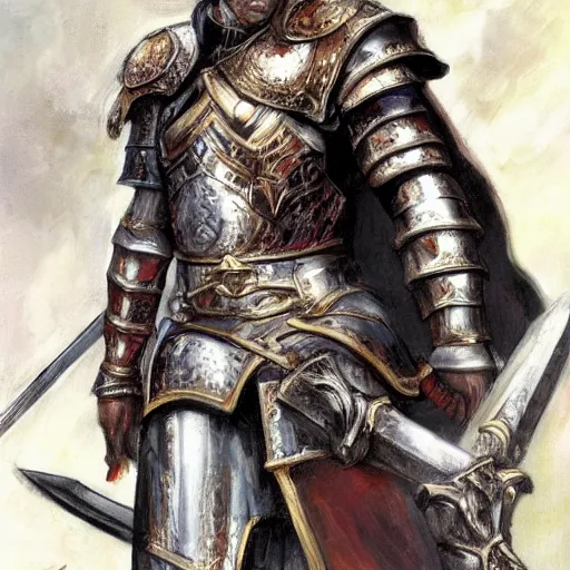 Image similar to portrait of Emmanuel Macron in fantasy armor with a large sword resting on his shoulder, realistic, detailed, cinematic light, art of D&D