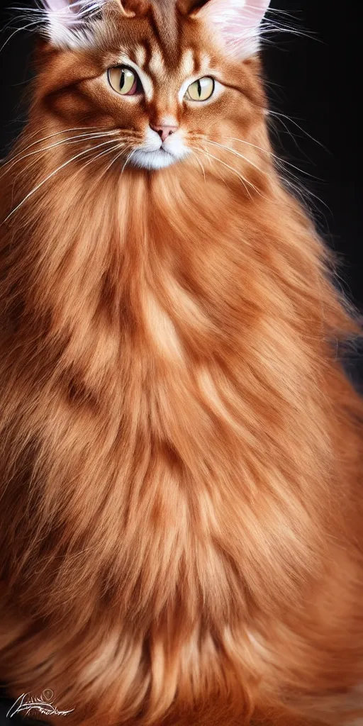 Image similar to long haired abyssinian cat, chocolate brown, hyper realistic portrait, cute