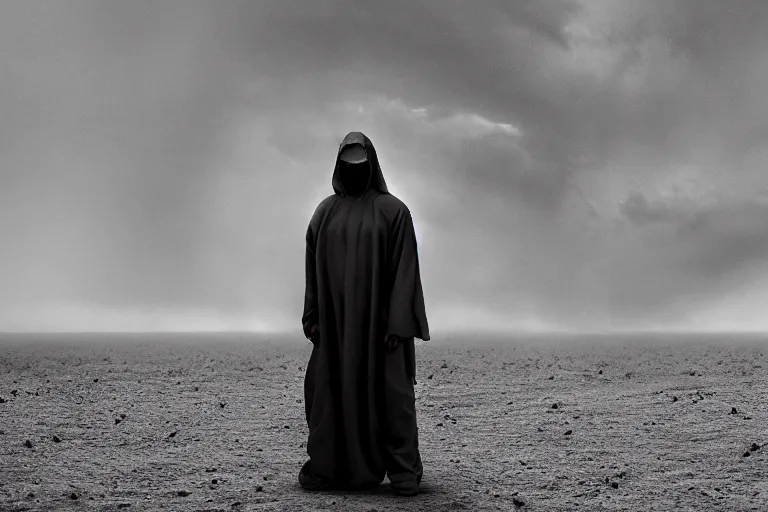 Image similar to a cinematic portrait of a prisoner dressed in a a black and white hazmat suit in a desert, dust storm, thunder and lightning, lee madgwick and zack snyder, 8 k, hd, high resolution, 8 5 mm, f / 1. 8