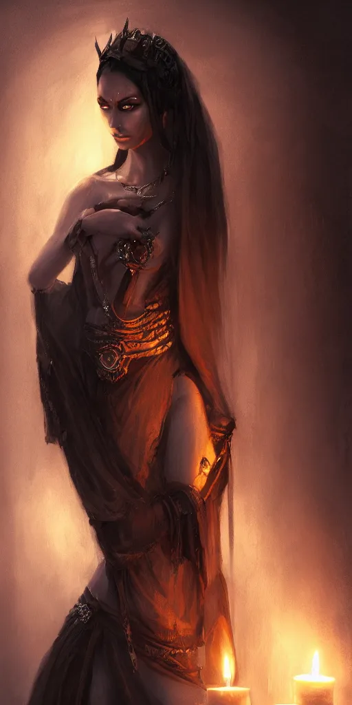 Prompt: very beatiful girl close to a candle in dark room queen of the damned, dramatic light, highly detailed, digital painting, artstation, concept art