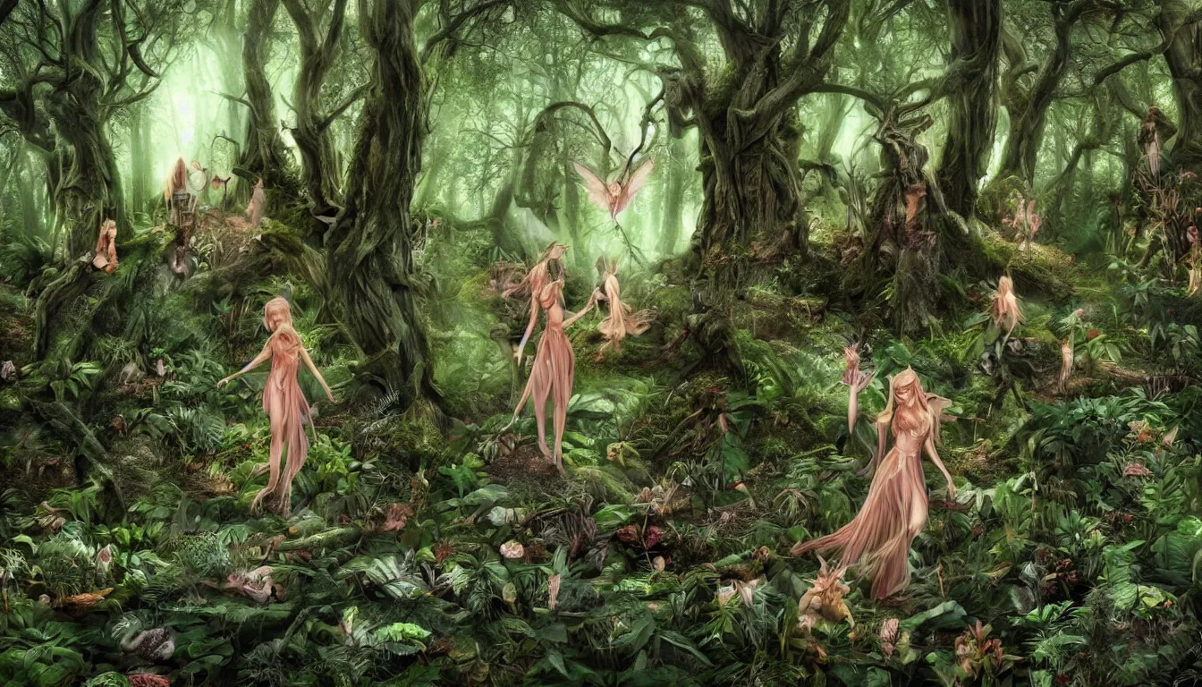 Image similar to sanctuary in the forest, there are fae playing amongst the trees, beautiful, surreal, highly detailed