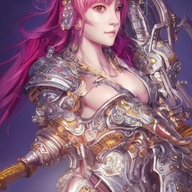 Image similar to studio portrait of lawful good colorful female holy mech paladin as absurdly beautiful, elegant, young sensual anime girl, ultrafine hyperrealistic detailed face illustration by kim jung gi, irakli nadar, intricate linework, sharp focus, bright colors, matte, octopath traveler, final fantasy, unreal engine highly rendered, global illumination, radiant light, intricate environment